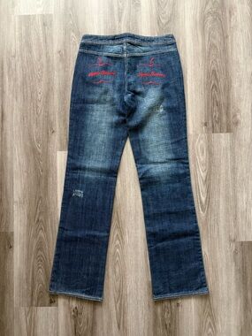 Y2K Apple Bottoms Dark Blue Low-rise Flare Jeans with Red Logo Embroidery